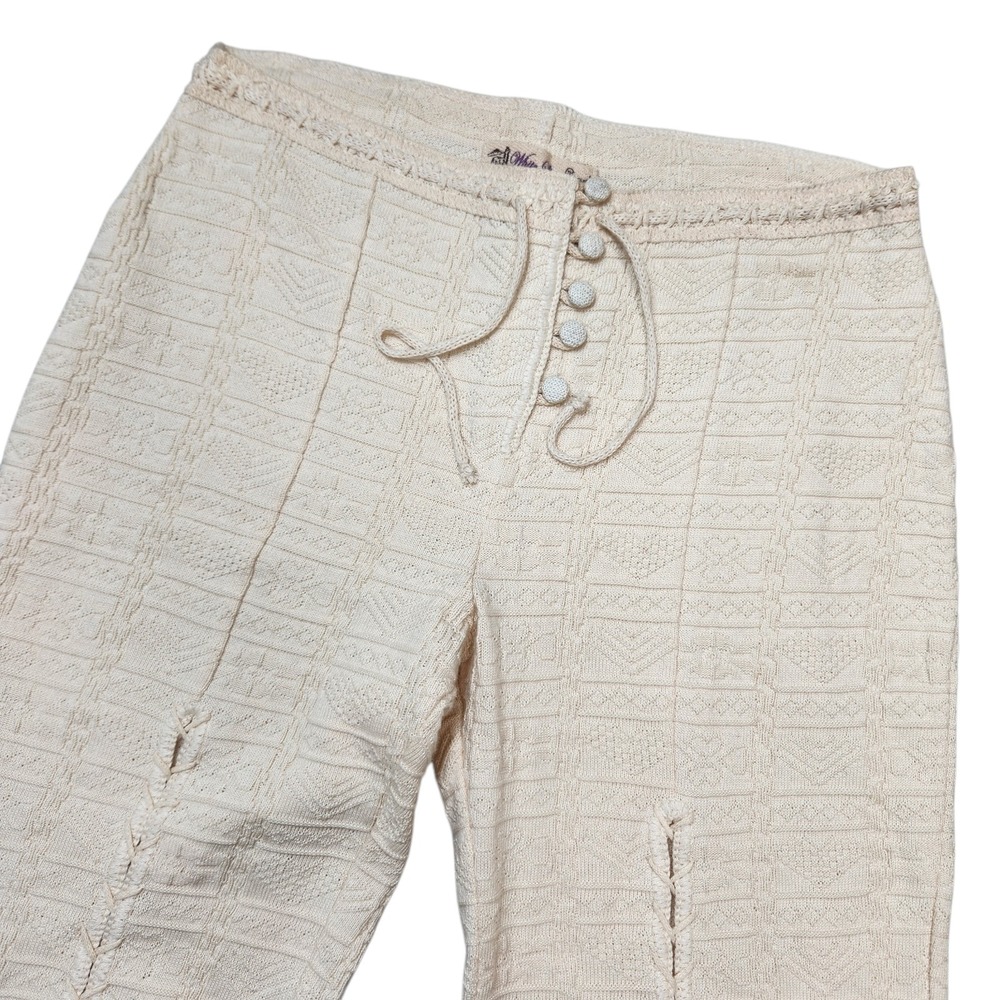 White Llama Sz Small Crocheted Handcrafted Knit Flare Pants Lace-Up Boho Hippie - Picture 5 of 12